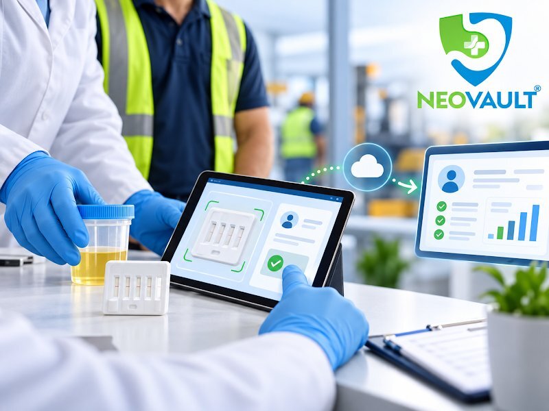 NEOVAULT drug test kit linked to a digital reporting dashboard