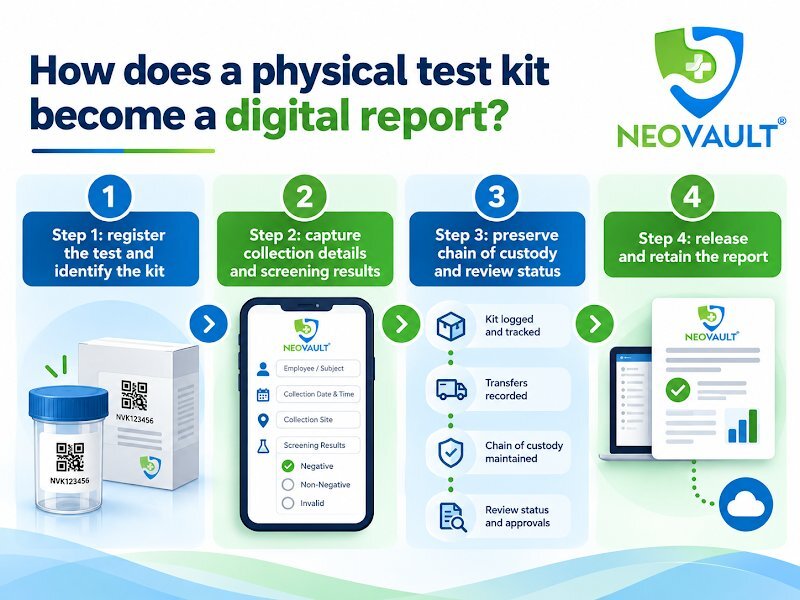 Four-step workflow from physical test kit to digital report
