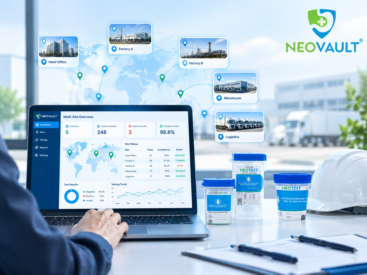 NEOVAULT multi site drug testing management dashboard