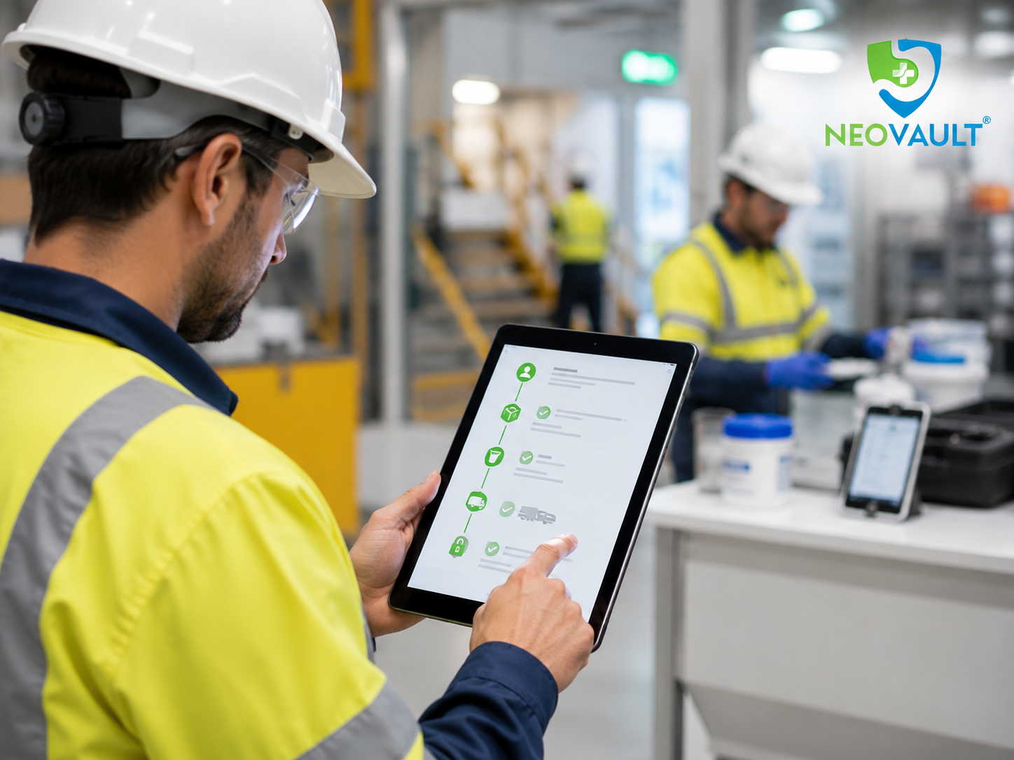 Safety manager using a tablet for digital chain of custody in an Australian workplace